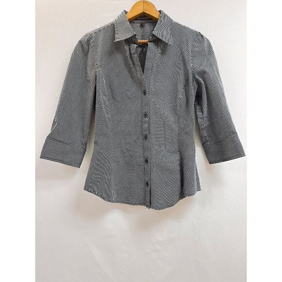 Express Design Studio Womens 3/4 Sleeve Button Down Dress Shirt Black Striped Sz - Picture 1 of 6